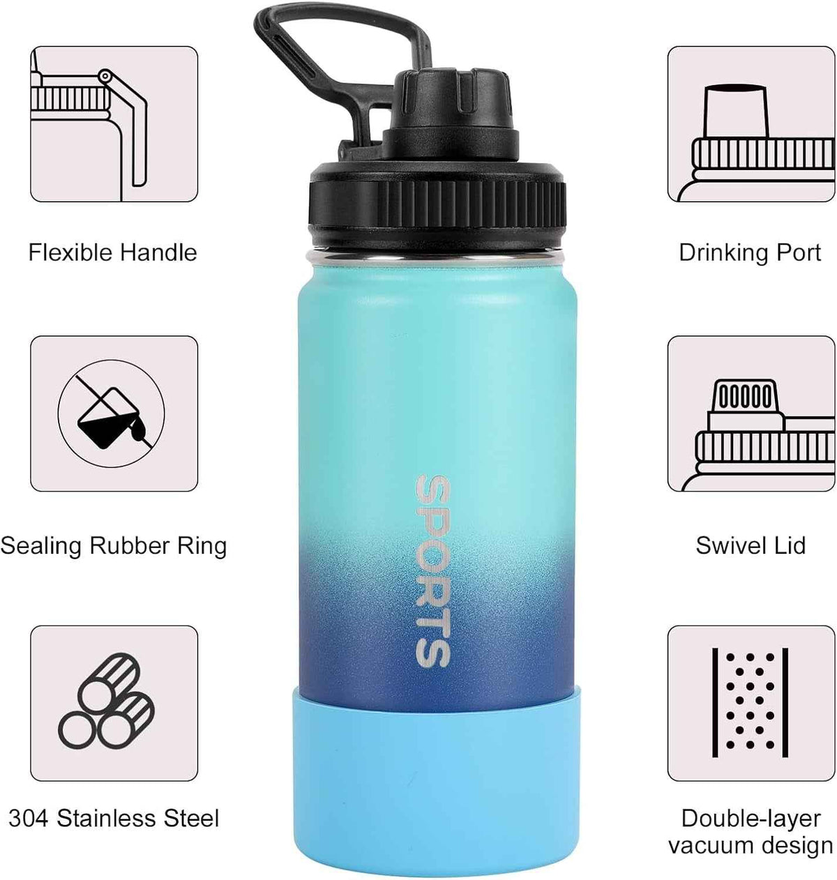 16Oz Water Bottle 2 Pack, Sport Drinking Bottles Stainless Steel Leak Proof, Double Walled Vacuum Insulated Tumbler, Metal Gym Travel Mug Togo, Insulated Cup for Men, Women, Kids (Gradient)