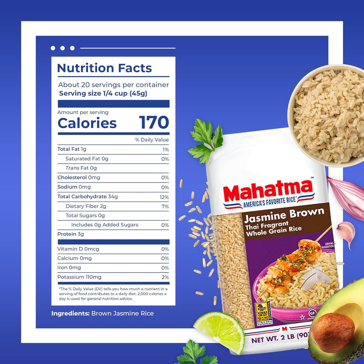 Brown Jasmine Rice Bag 2Lb, Brown Thai Jasmine Rice, Microwave Rice in 20 Minutes or Cook on Stovetop in 30 Minutes