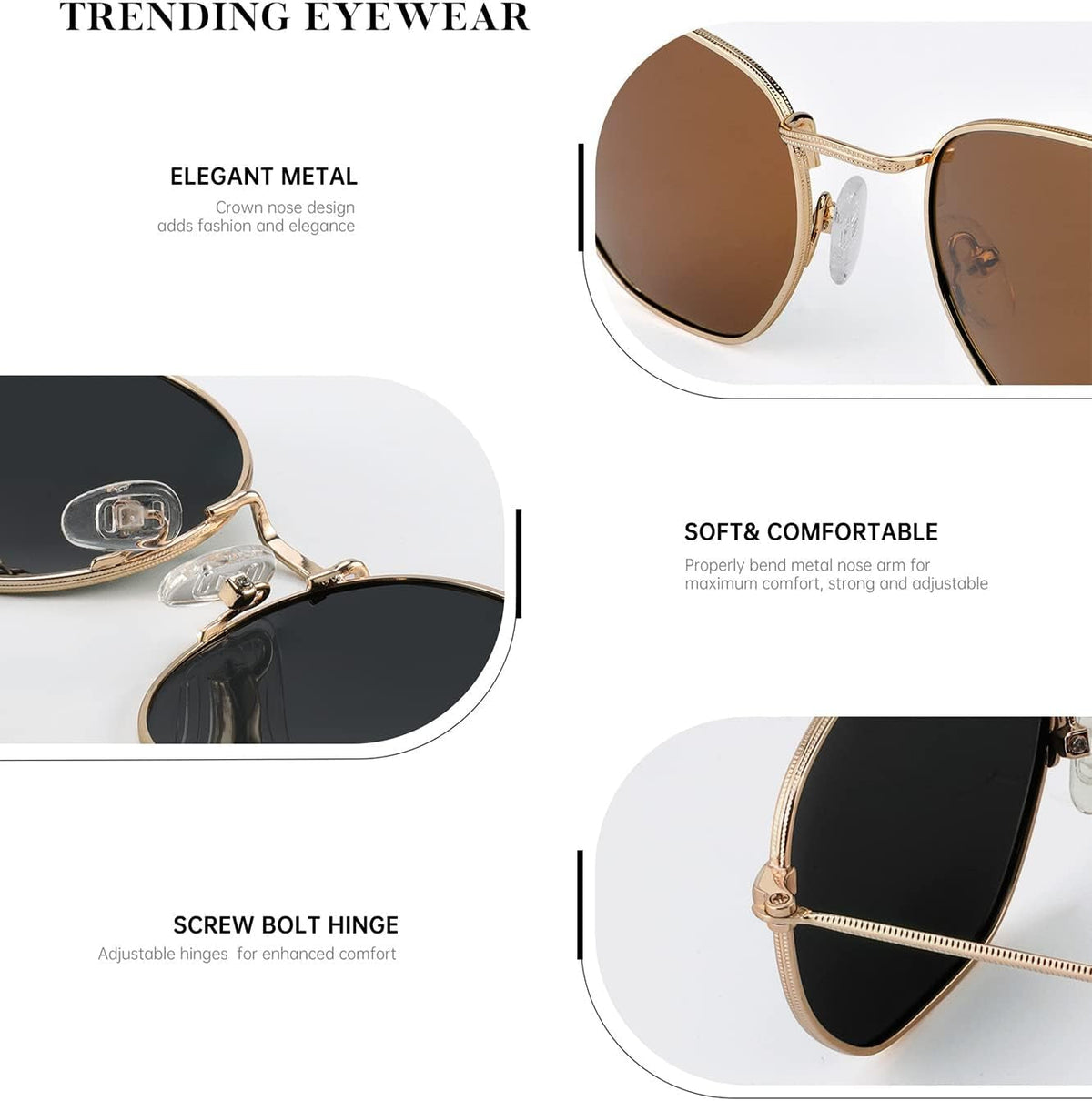 Sunglasses for Women and Men, Polarized Square UV Protection, Trendy Metal Frame Hexagon Sunglasses