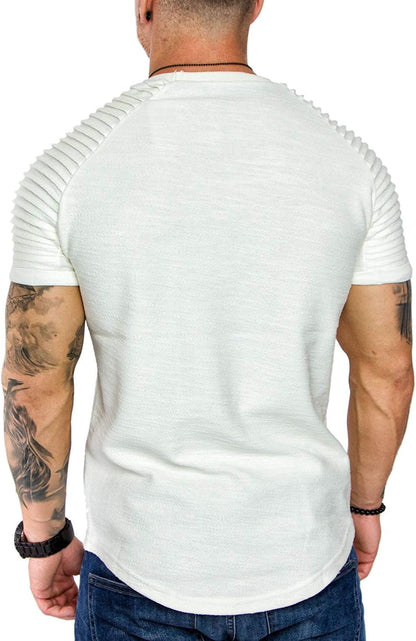 Men'S Muscle T-Shirt Pleated Raglan Sleeve Bodybuilding Gym Tee Short Sleeve Fashion Workout Shirts Hipster Shirt