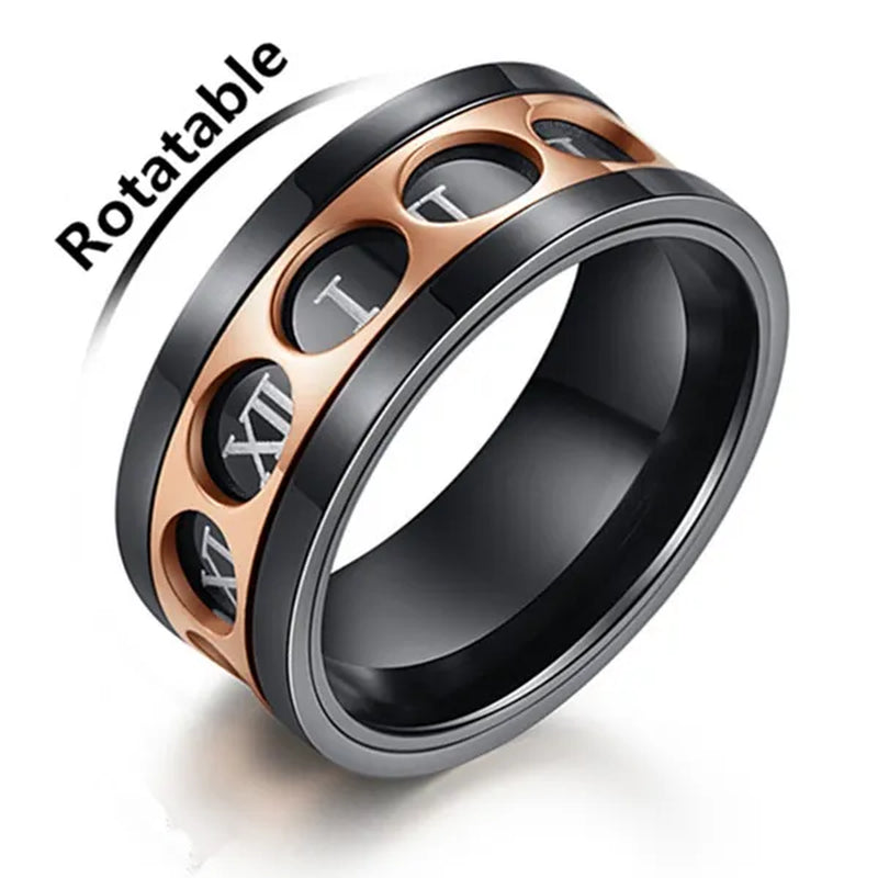 Roman Numerals Rotatable Black Rose Gold Titanium Steel Rotatable Spinner Ring For Men Jewelry Luck Finger Rings Wedding Band