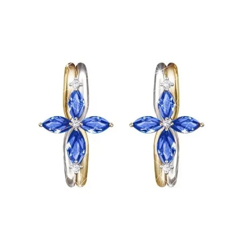Exquisite 925 Sterling Silver Goldplated Natural Sapphire Amethyst Cross Ring Earrings Necklace Bride Princess Wedding Engagement Birthstone Jewelry Set Ring Size 5-10