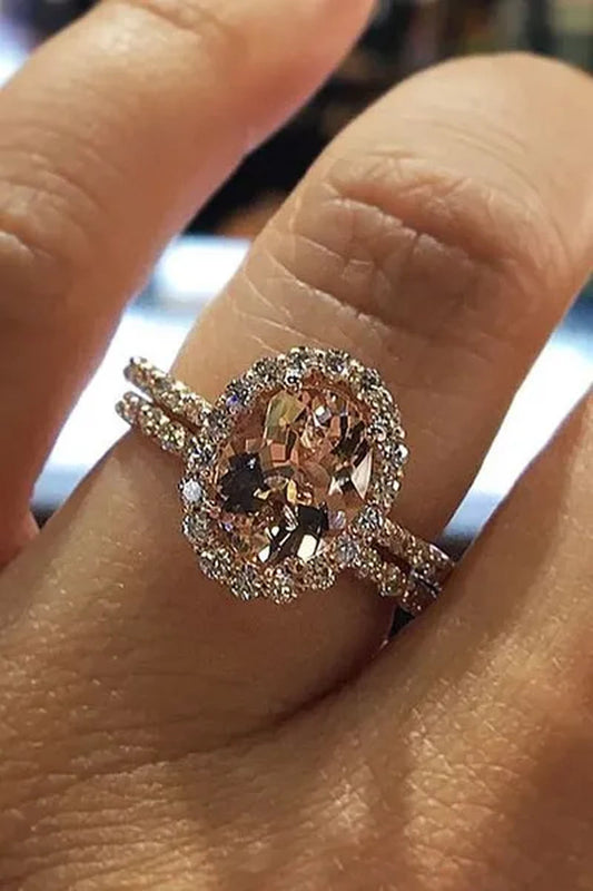 Dazzling Women's Fashion Wedding Jewelry Genuine Natural Champagne Morganite Birthstone Rings Bride Wedding Band Engagement Party Jewelry Ring Set Anillos