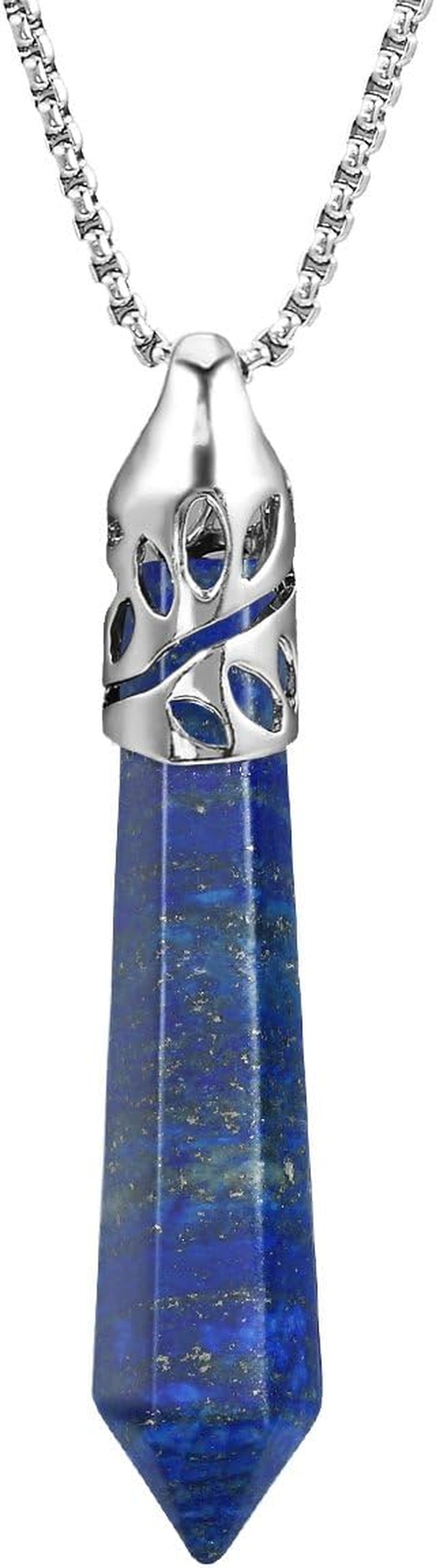 Healing Crystal Necklace for Women Men Synthetic Lapis Lazuli Crystal Pendant Energy Healing Gemstones Jewelry Pendulum Crystal Divination (Hexagonal, 18 Inches Stainless Steel Chain)