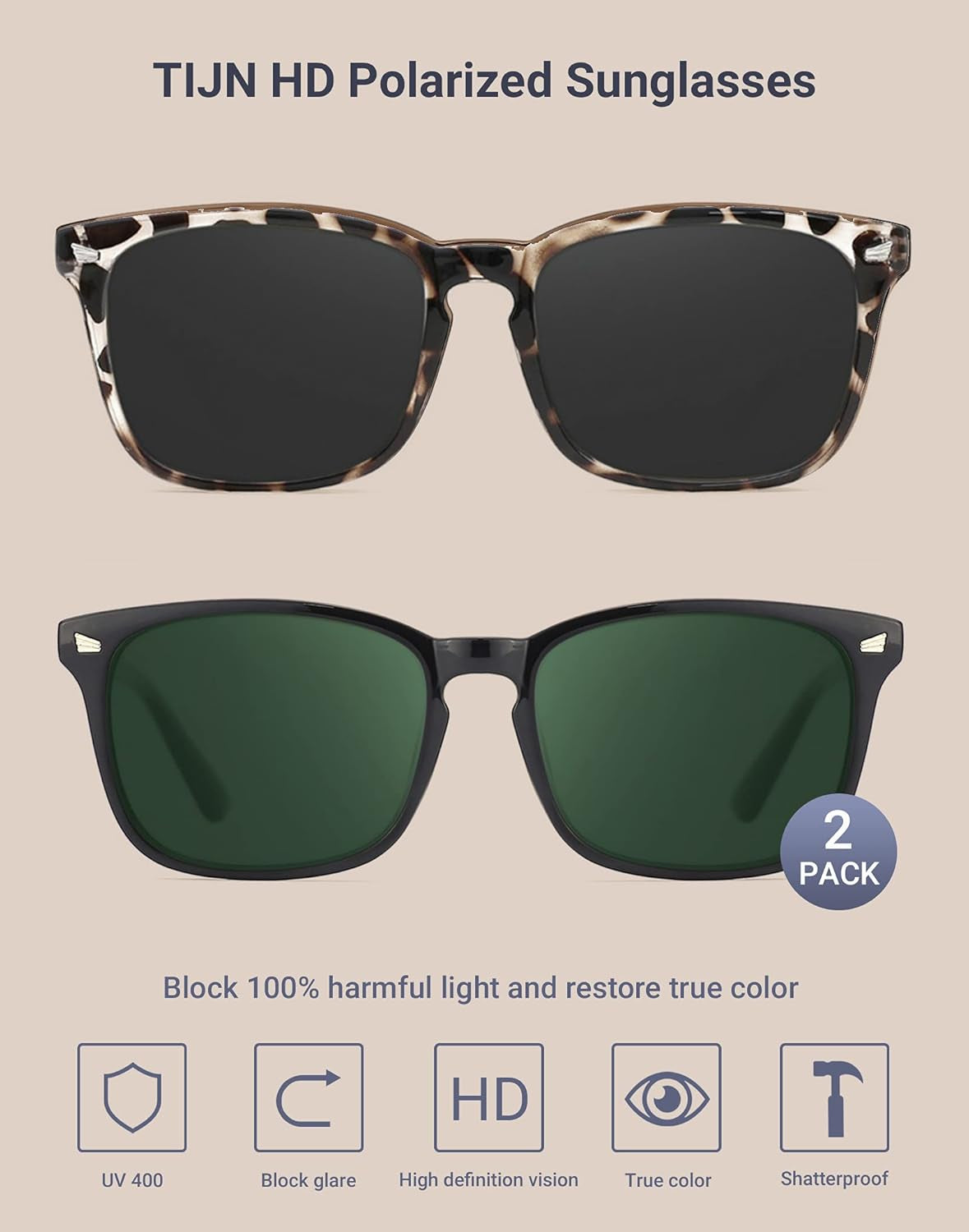 Polarized Sunglasses for Womens and Mens,Classic Square Frames Shades for UV Protection, Stylish and Trendy Sunnies