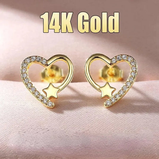 14K  Gold Love Heart Star White Zircon Stud Earrings for Women Wedding Engagement Bride Jewelry Gift