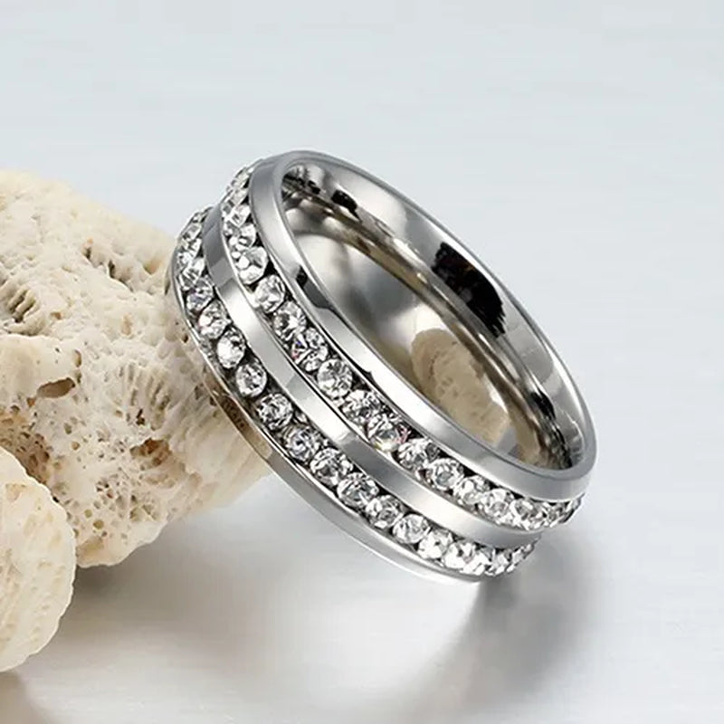 Womens Men's Fashion Double Rows Crystal gold silver black Titanium Steel Wedding Jewelry Ring 6-11