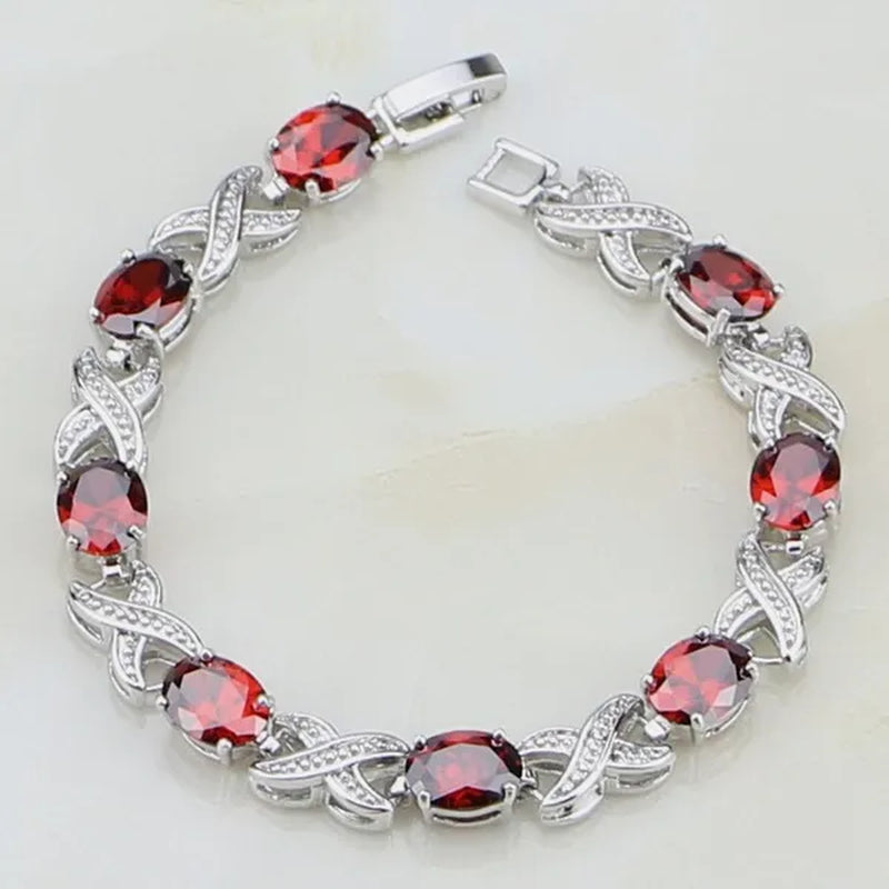 925 Sterling Silver Jewelry Oval Red Ruby White Topaz Chain&Link Bracelet Christmas Gifts For Women Wedding Free Gifts Box