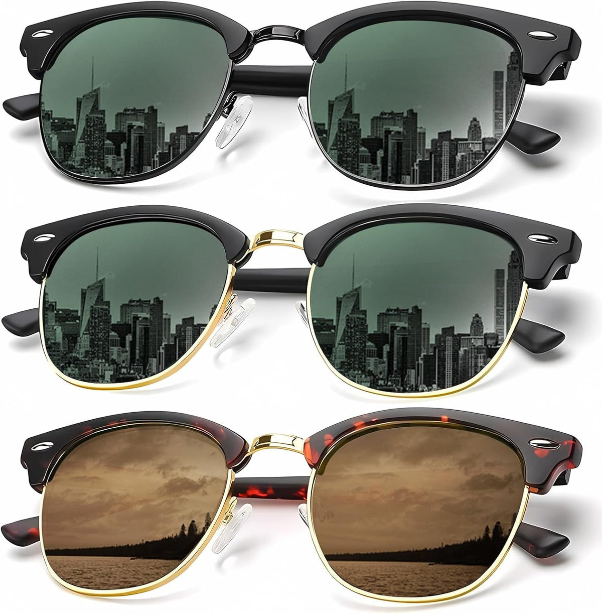 Sunglasses Men Polarized Sunglasses for Men Women Unisex Semi-Rimless Frame Retro Driving Sun Glasses UV Blocking