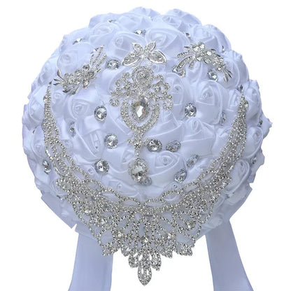 21cm Artificial Ribbon Rose Brooch Bouquets Crystal Handmade Bride Wedding Silk Flower Bouquet Party Rhinestone Bridal Bouquet Wedding Accessories