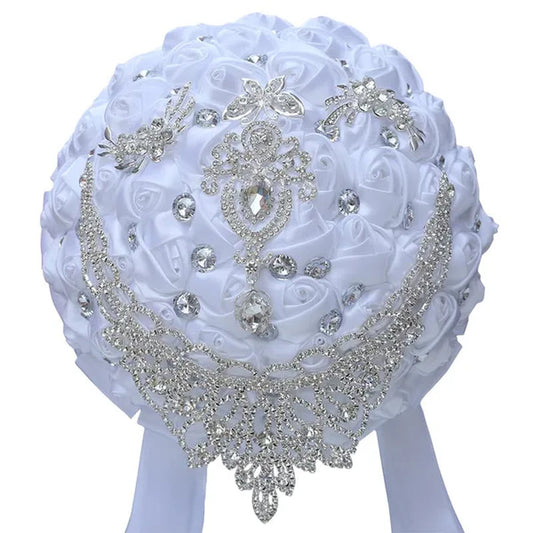 21cm Artificial Ribbon Rose Brooch Bouquets Crystal Handmade Bride Wedding Silk Flower Bouquet Party Rhinestone Bridal Bouquet Wedding Accessories