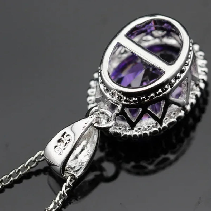 Oval Purple Amethyst Gem Stones Zircon Silver Jewelry Set Necklace Pendant Earrings Ring For Women