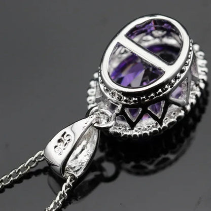 Oval Purple Amethyst Gem Stones Zircon Silver Jewelry Set Necklace Pendant Earrings Ring For Women