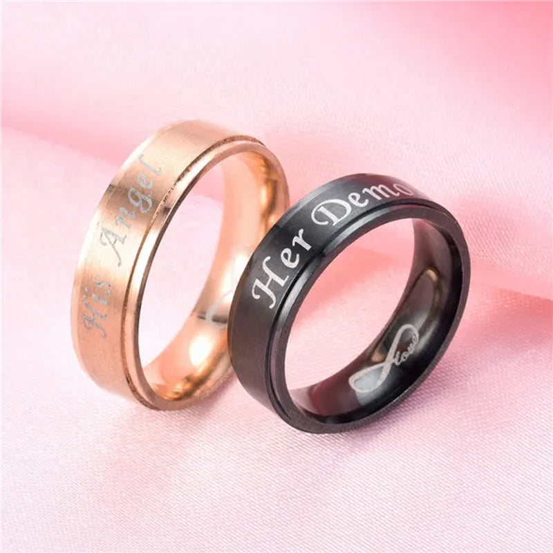 Fashion 'His Angel' 'His Angel' Stainless Steel Couples Ring Wedding Ring Gifts For Lovers (Style: Black-'Her Demon' For Men, Rose Gold-'His Angel')