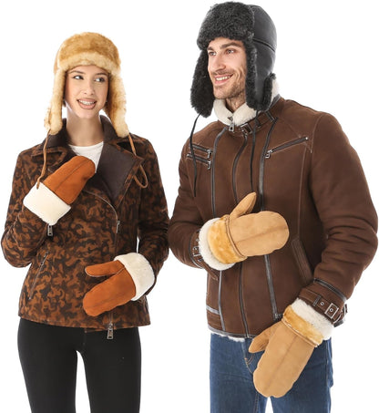 Leather Aviator Shearling Ushanka Trapper Hat Russian Sheepskin Cap Real Fur Winter Hat with Ear Flaps for Men Women
