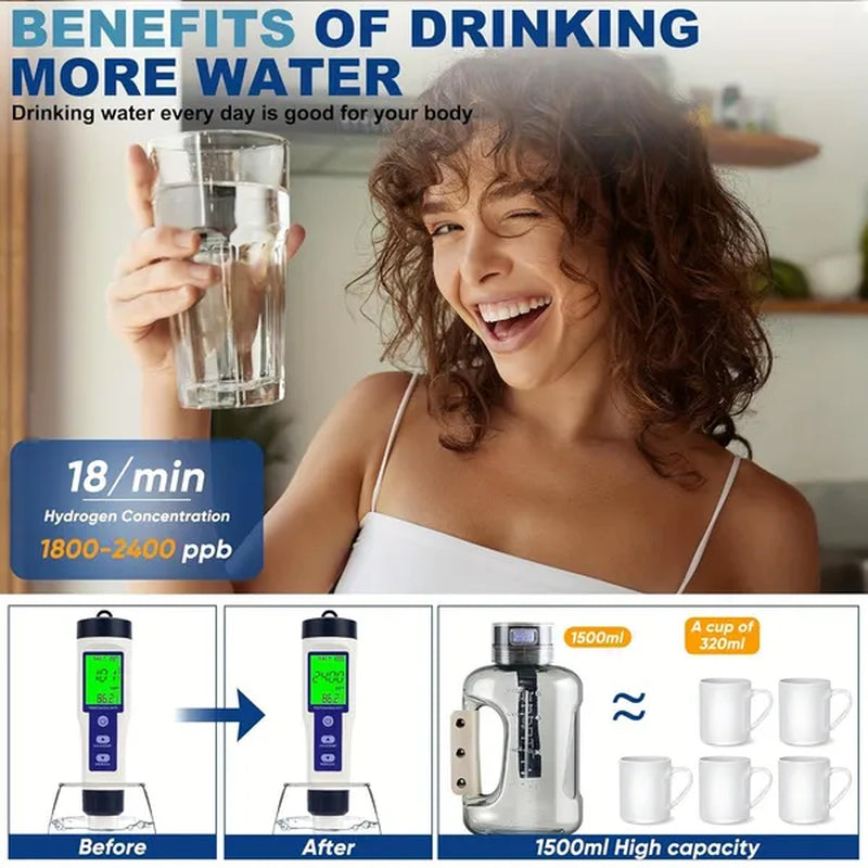 57oz MAX Hydrogen Water Bottle, Hydrogen Water Generator With SPE/PEM Technology, 2500PPD Pure Hydrogen Rich Concentration, 1.5L Large Capacity Leakproof Sports Drinking Bottle With Handle  Shoulder Strap, Portable Sports Water Bottle