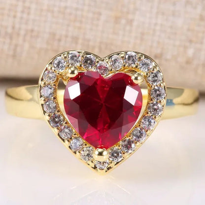 Love Heart 1.2CT Hot Pink Ruby  Yellow Golden Wedding Bands Women's Rings Brilliant Accessories Engagement Trendy Jewelry Size 6-10
