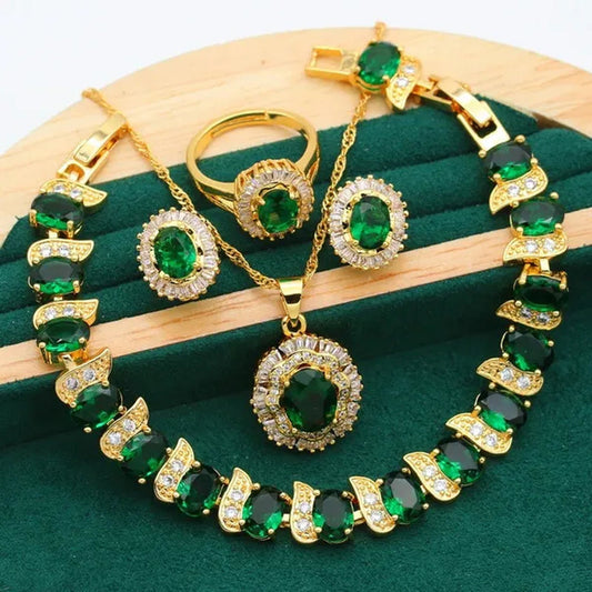 New Arrivals Gold Color Jewelry Sets For Women Wedding Green Zircon Bracelet Earrings Necklace Pendant Open Ring 4PCS