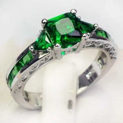 Women's Fashion 925 Silver Plated Green Gemstone CZ Ring Topaz Ring Bride Engagement Wedding Ring Jewelry Size 5 -10 (Choice Color)
