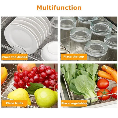 Kitchen Storage Organizer Dish Drainer Drying Rack Sink Holder Tray For Plates Bowl Cup Tableware Shelf Basket Adjustable Stainless Steel Dish Rack Drainer