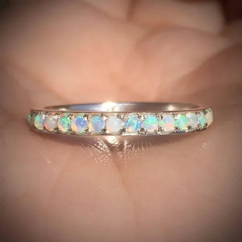 Women's Fashion Exquisite 925 Sterling Silver Natural White Opal Eternity Diamond Ring Elegant Female Birthday Party Jewelry Romantic Princess Proposal Engagement Anniversary Gift Stackable Rings for Women Bride Wedding Band Size 4-12 Bague Femme