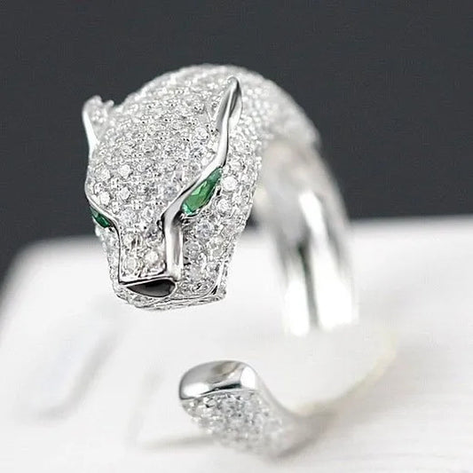 Personality 925 Sterling Silver Plated Jaguar Rings with Green Rhinestone Eyes Animal Fashion Costume Rings for Men and Women