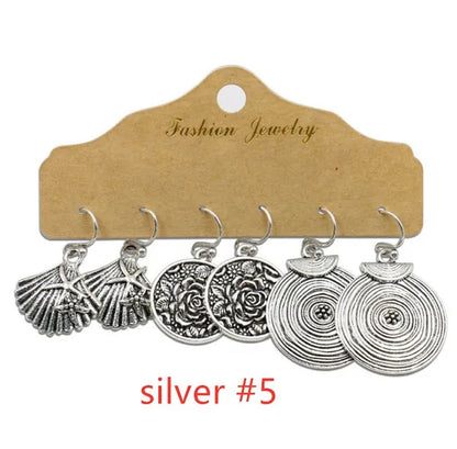 3 Pairs Women's Fashion Jewelry Vintage Bohemian Ethnic Carved Dangle Earrings for Women Charm Geometry Leaves Hoop Earring Wedding Engagement Party Banquet Earrings