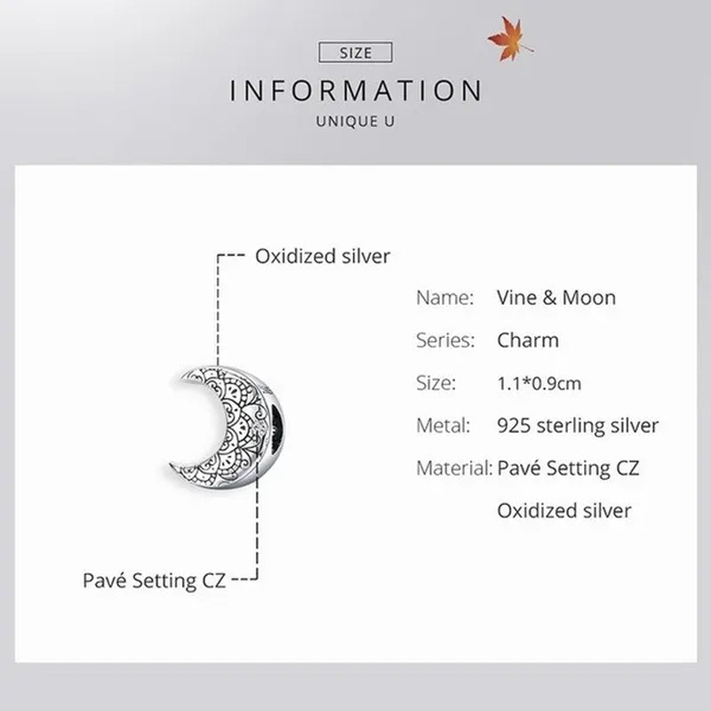 Genuine 925 Sterling Silver Vine & Moon Beads Charm Fit Charm Bracelets DIY