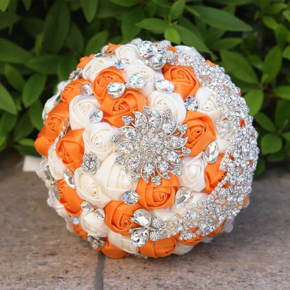 18CM Luxury Crystal Brooch Bride Bouquet Holding Flower Ribbon Lace Wedding Bouquet Artificial Simulation Rose Wedding Flower Bridesmaid Bouquet