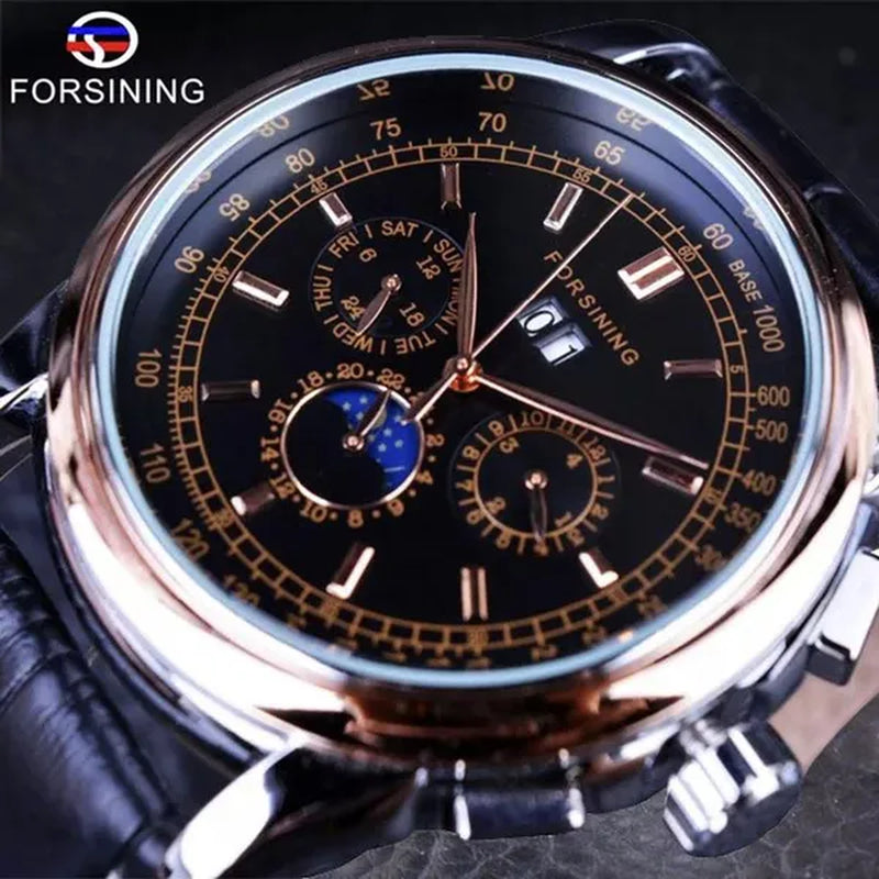 Forsining Moon Phase Shanghai Movement Rose Gold Case Brown Bracelet En Cuir Véritable Montres Pour Hommes Top Brand Luxury Auotmatic Watch with Gift Box