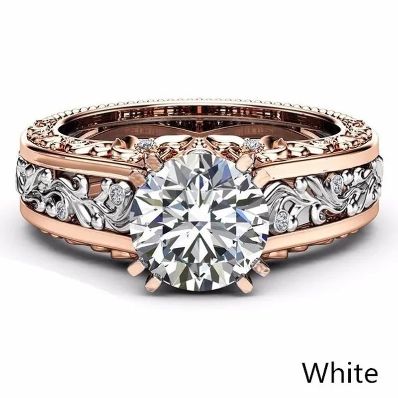 10mm Round Cut Rose & White Gold Plated 925 Sterling Silver Champagne & White Topaz Bridal Engagement Two Tone Gold Ring Size 5-11