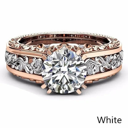 10mm Round Cut Rose & White Gold Plated 925 Sterling Silver Champagne & White Topaz Bridal Engagement Two Tone Gold Ring Size 5-11