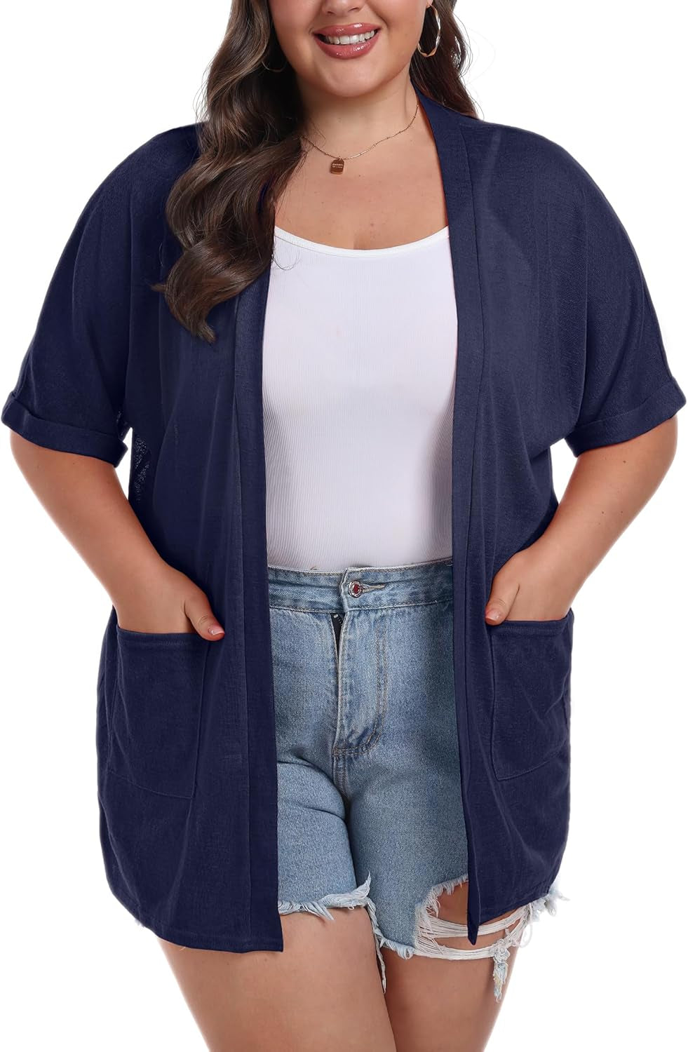 plus Size Lightweight Cardigan for Women Summer Sheer Short Sleeve Cardigan with Pockets Beach Cover Up