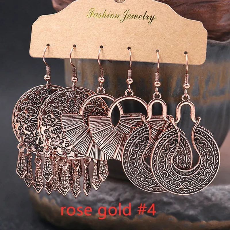 3 Pairs Women's Fashion Jewelry Vintage Bohemian Ethnic Carved Dangle Earrings for Women Charm Geometry Leaves Hoop Earring Wedding Engagement Party Banquet Earrings