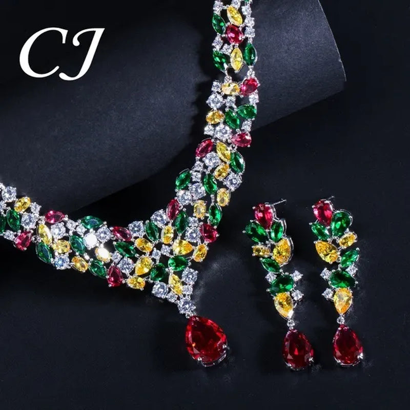CANDICE Noble Red Crystal Water Drop Pendant Necklace and Dangle Earrings Pave Multi Shape Colorful CZ Stone Women Wedding Party Dress Jewelry Set