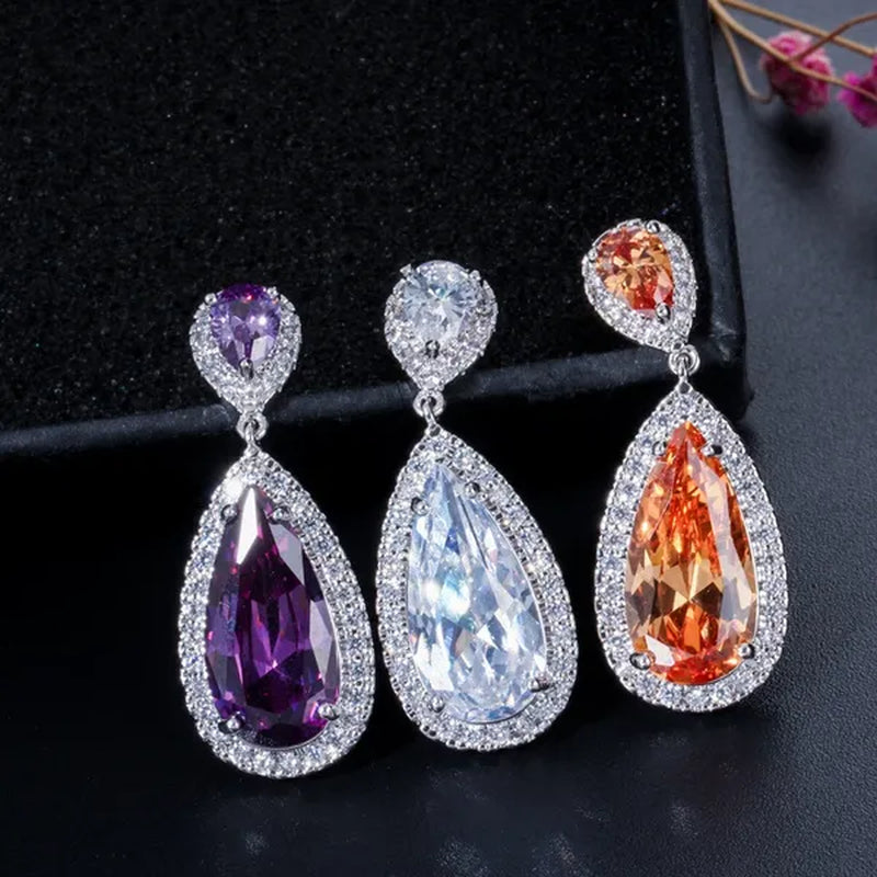 GLORIYA Luxury Wedding Party Jewelry Romantic Purple Crystal Big Tear Drop Earrings For Bridal Dress Accessories