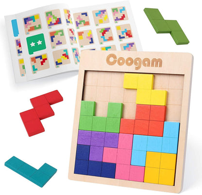 Wooden Puzzle Pattern Blocks Brain Teasers Game with 60 Challenges, 3D Russian Building Toy Wood Tangram Shape Jigsaw Puzzles Montessori STEM Educational Toys Gift for Kids Adults