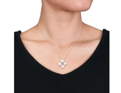 8-8.5mm Freshwater Cultured Pearl and Diamond 1/7 Carat (ctw) Crossover Pendant Necklace in 10K White Gold with Chain