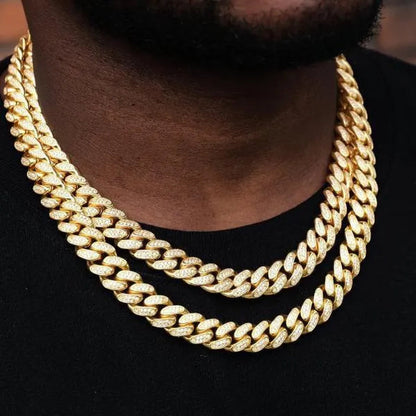 Fashion Gold / Silver Plated Solid Stainless Steel Iced Out Diamond Bracelet Thick Miami Cuban Link Chain Necklace Hip Hop Jewelry