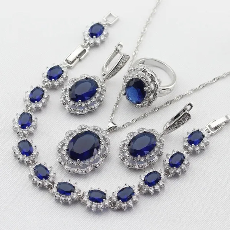 Flower Shaped Women Blue Pendant Rings Earrings Bracelet
