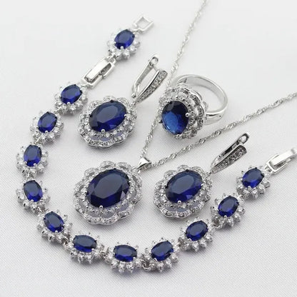 Flower Shaped Women Blue Pendant Rings Earrings Bracelet