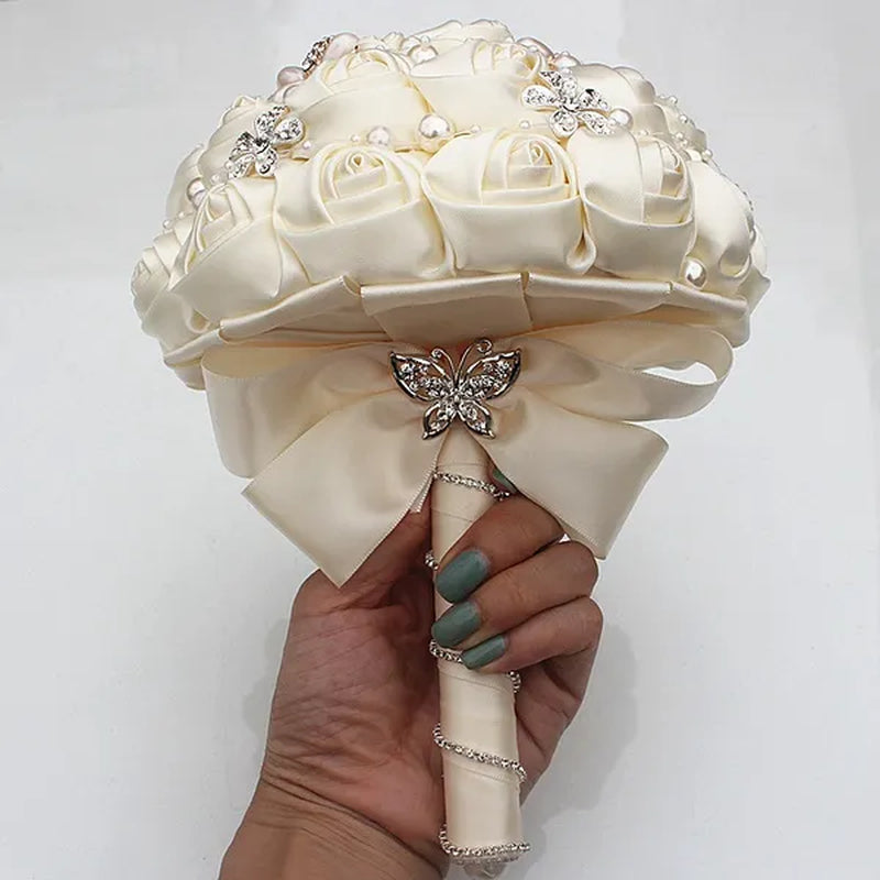 Ivory Rose Bride Wedding Bouquets Pearl Jewelry Brooch Bouquet Flowers 18cm