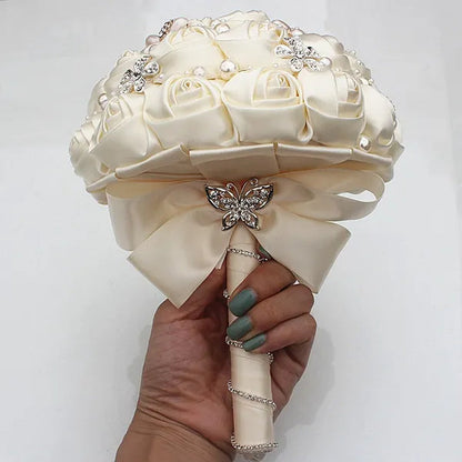 Ivory Rose Bride Wedding Bouquets Pearl Jewelry Brooch Bouquet Flowers 18cm