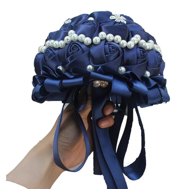 18CM Dark Blue Wedding Bouquet Pearl Diamond Brooch Bride Holding Flowers Artificial Silk Rose Bridesmaid Flower Bouquet Fake Flower