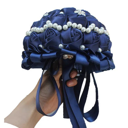 18CM Dark Blue Wedding Bouquet Pearl Diamond Brooch Bride Holding Flowers Artificial Silk Rose Bridesmaid Flower Bouquet Fake Flower