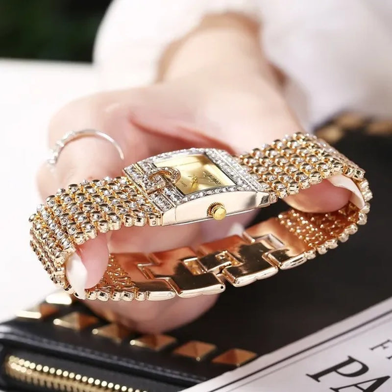 Lucky Bracelets Luxury Ladies Wrist Watch Fashion Full Diamond Gold Stainless Steel Rectangular Female Quartz Watch