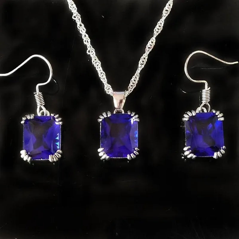 3Pcs/Set Women Colorful / Red /Blue/ Green Gemstone 925 Silver Plated Earrings Pendants Necklace Jewelry Sets Valentine Gifts (choose Color)