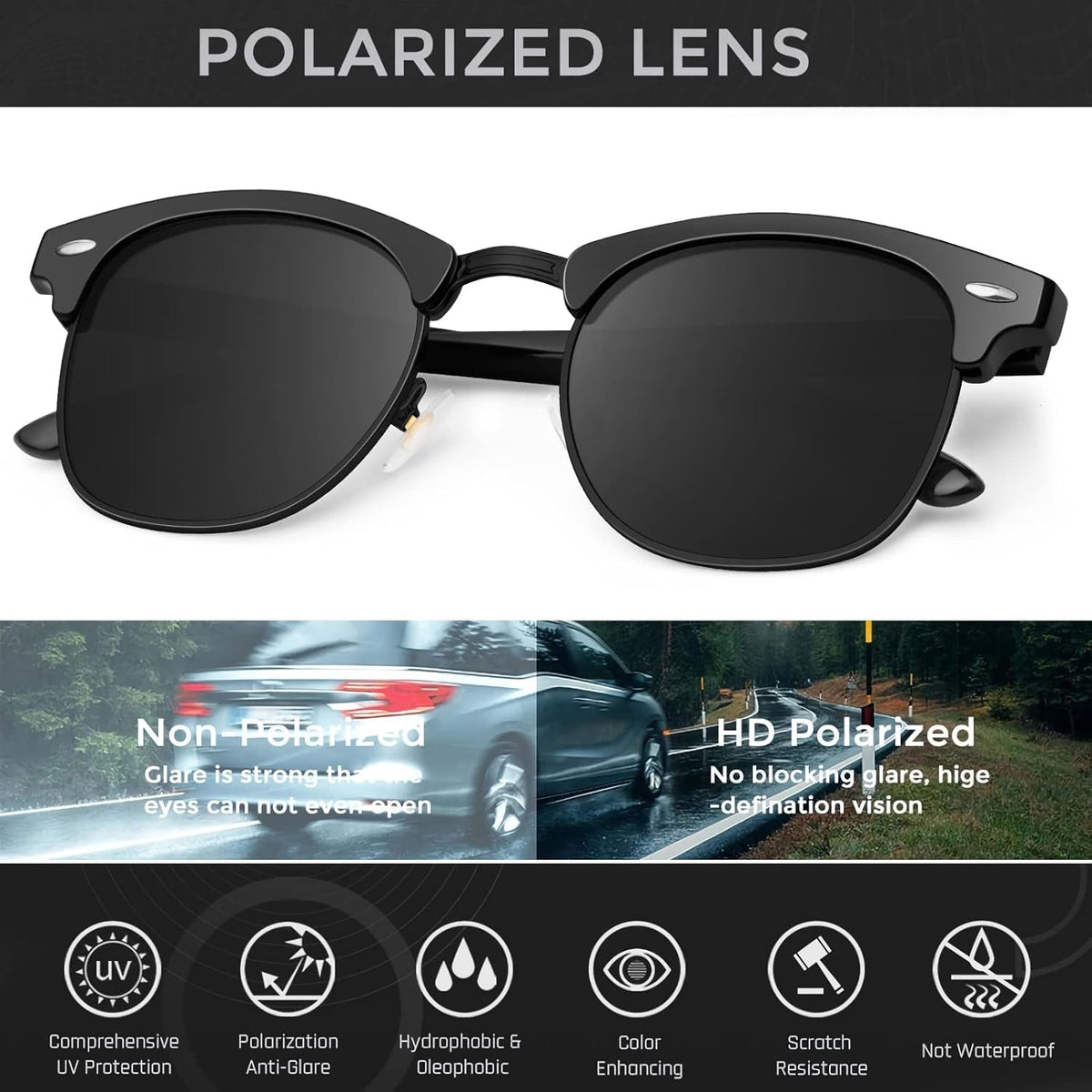 Classic Polarized Sunglasses for Men and Women Retro Style Semi Rimless Frame Sun Glasses 100% UV Protection Goggles