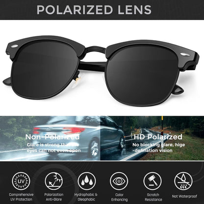 Classic Polarized Sunglasses for Men and Women Retro Style Semi Rimless Frame Sun Glasses 100% UV Protection Goggles