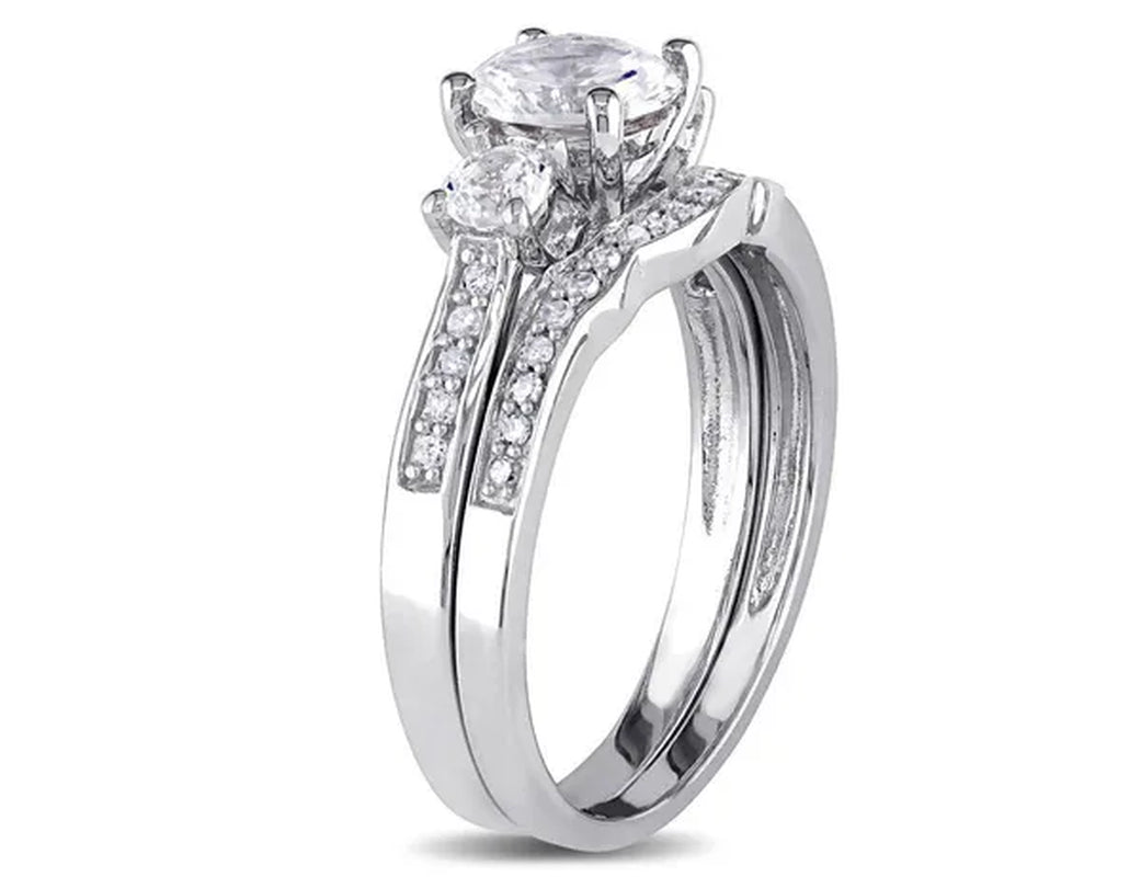 1 1/3 Carat (ctw) Lab-Created White Sapphire with Diamond Bridal Wedding Set Engagement Ring in 10K White Gold